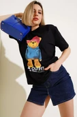 Ön Arka Ayıcık Baskılı T-shirt Siyah - 1