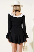 Fırfırlı İp Bağcıklı Mini Elbise Siyah thumbnail 3