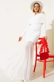 Etek Ucu Tül Büzgülü Kayık Yaka Elbise Ekru thumbnail 1