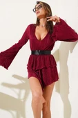 V Yaka Fırfırlı Mini Elbise Bordo - 1