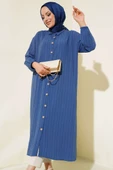 Tahta Düğmeli Ağaç Kabuğu Uzun Gömlek İndigo thumbnail 1