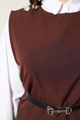 Omuz Düğmeli Kemerli Yelek İkili Takım Kahve - 4
