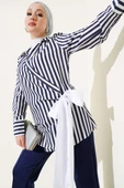 Yandan Bağlamalı Çizgili Kimono Lacivert - 1