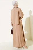 Bel Lastikli Düğme Detaylı Elbise Takım Latte thumbnail 3