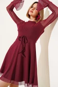 Sırt Dekolteli Tül Detaylı Mini Elbise Bordo thumbnail 1
