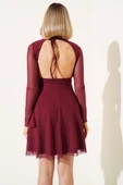 Sırt Dekolteli Tül Detaylı Mini Elbise Bordo thumbnail 3