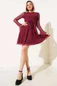 Sırt Dekolteli Tül Detaylı Mini Elbise Bordo thumbnail 2
