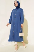 Tahta Düğmeli Ağaç Kabuğu Uzun Gömlek İndigo thumbnail 2