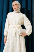 Gül Dantelli Kuşaklı Elbise Ekru thumbnail 2