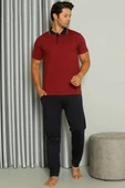Gömlek Yaka Desenli Kısa Kol Erkek Pijama Takım Bordo thumbnail 1