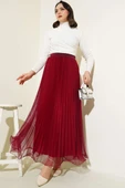 Bel Lastikli Pileli Fırfırlı Tül Etek Bordo - 2