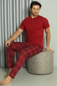 Üç Düğmeli Ekoseli Kısa Kol Erkek Pijama Takım Bordo thumbnail 1