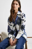 Saten Yüzeyli Desenli Gömlek Lacivert thumbnail 1