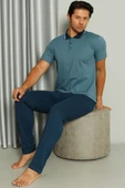 Gömlek Yaka Desenli Kısa Kol Erkek Pijama Takım Mavi thumbnail 1