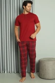 Üç Düğmeli Ekoseli Kısa Kol Erkek Pijama Takım Bordo thumbnail 2