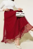 Bel Lastikli Pileli Fırfırlı Tül Etek Bordo - 1