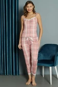 İp Askılı Ekose Desenli Pijama Takımı Pudra - 1