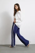 Beli Lastikli Çift Şeritli Pantolon Saks - 3