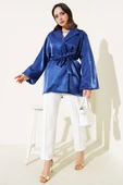 Kuşaklı Balon Kol Parlak Ceket Lacivert - 2