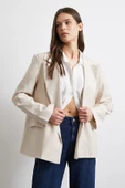 Çizgi Astarlı Dökümlü Blazer Ceket Bej - 4