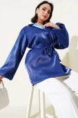 Kuşaklı Balon Kol Parlak Ceket Lacivert - 1