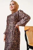 Sık Pileli Leopar Desen Saten Elbise Camel - 2