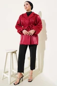 Kuşaklı Balon Kol Parlak Ceket Bordo - 2