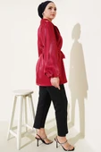 Kuşaklı Balon Kol Parlak Ceket Bordo - 3