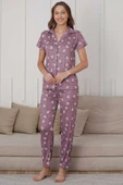 Kahve Bardağı Desen Düğmeli Pijama Takımı Lila - 2