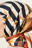 Şeritli Çiçek Desen Rayon Eşarp Oranj - 4
