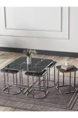 SEDAŞ LIVING UNITS PELİKAN 4+1 SİYAH MERMER TEMPERLİ CAM GÜMÜŞ METAL AYAK TAKIM SEHPA sedaş_lıvıng_unıts_sehpa - 1