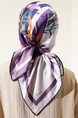 Şeritli Çiçek Desen Rayon Eşarp Lila - 3