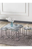 SEDAŞ LIVING UNITS PELİKAN 4+1 BEYAZ MERMER TEMPERLİ CAM GÜMÜŞ METAL AYAK TAKIM SEHPA - 1