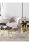 SEDAŞ LIVING UNITS 4 Lü Siyah Mermer Temperli Kırılmaz Cam Gold Metal Ayaklı Cam C Model Sehpa Takımı (ZİGON VE ORTA) - 1