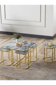 SEDAŞ LIVING UNITS PELİKAN 4+1 BEYAZ MERMER TEMPERLİ CAM GOLD METAL AYAK TAKIM SEHPA - 1