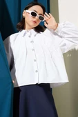 Balon Kol Taş Düğmeli Kısa Gömlek Beyaz thumbnail 1