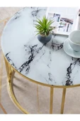SEDAŞ LIVING UNITS 4 Lü Beyaz Mermer Temperli Kırılmaz Cam Gold Metal Ayaklı Cam C Model Sehpa Takımı (ZİGON VE ORTA) - 4
