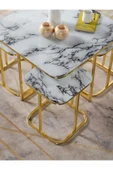 SEDAŞ LIVING UNITS PELİKAN 4+1 BEYAZ MERMER TEMPERLİ CAM GOLD METAL AYAK TAKIM SEHPA - 3