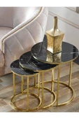 SEDAŞ LIVING UNITS 4 Lü Siyah Mermer Temperli Kırılmaz Cam Gold Metal Ayaklı Cam C Model Sehpa Takımı (ZİGON VE ORTA) - 4