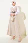 Kruvaze Yaka Kemerli Jile Elbise Bej thumbnail 1