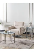 SEDAŞ LIVING UNITS 4 Lü Beyaz Mermer Temperli Kırılmaz Cam Gümüş Metal Ayaklı Cam C Model Sehpa Takımı (ZİGON VE ORTA) - 1