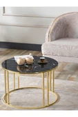 SEDAŞ LIVING UNITS 4 Lü Siyah Mermer Temperli Kırılmaz Cam Gold Metal Ayaklı Cam C Model Sehpa Takımı (ZİGON VE ORTA) - 3