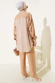 Çizgi Detaylı Cepli Gömlek İkili Takım Latte thumbnail 3