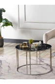 SEDAŞ LIVING UNITS 4 Lü Siyah Mermer Temperli Kırılmaz Cam Gümüş Metal Ayaklı Cam C Model Sehpa Takımı (ZİGON VE ORTA) - 3