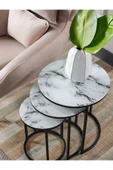 SEDAŞ LIVING UNITS 4 Lü Beyaz Mermer Temperli Kırılmaz Cam Siyah Metal Ayaklı Cam C Model Sehpa Takımı (ZİGON VE ORTA) - 4