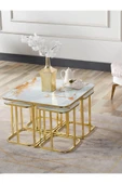 SEDAŞ LIVING UNITS PELİKAN 4+1 SARI MERMER TEMPERLİ CAM GOLD METAL AYAK TAKIM SEHPA - 2