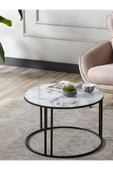 SEDAŞ LIVING UNITS Salon Orta Sehpa Beyaz Mermer Desenli Temperli Cam (SİYAH) Metal Ayak Orta Sehpa - 1