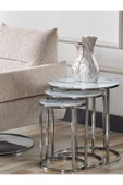 SEDAŞ LIVING UNITS 4 Lü Beyaz Mermer Temperli Kırılmaz Cam Gümüş Metal Ayaklı Cam C Model Sehpa Takımı (ZİGON VE ORTA) - 2