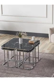 SEDAŞ LIVING UNITS PELİKAN 4+1 SİYAH MERMER TEMPERLİ CAM GÜMÜŞ METAL AYAK TAKIM SEHPA sedaş_lıvıng_unıts_sehpa - 2