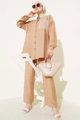 Çizgi Detaylı Cepli Gömlek İkili Takım Latte thumbnail 1